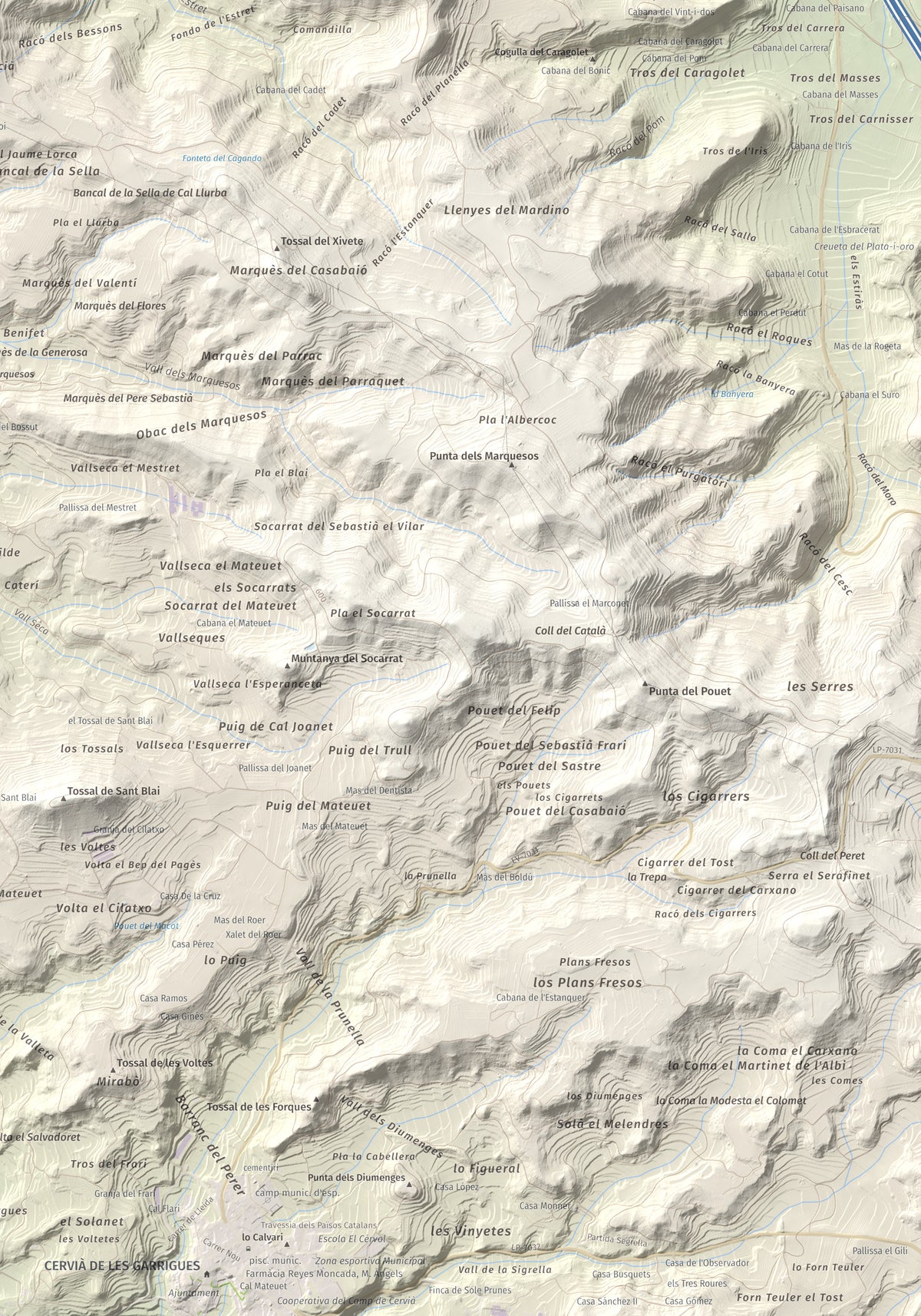 Mapa de relieve de Els Bessons, 593 m, Garrigues, lámina 100 Cims de Trobart. Detalle de la zona inferior derecha. 70 × 100 cm.