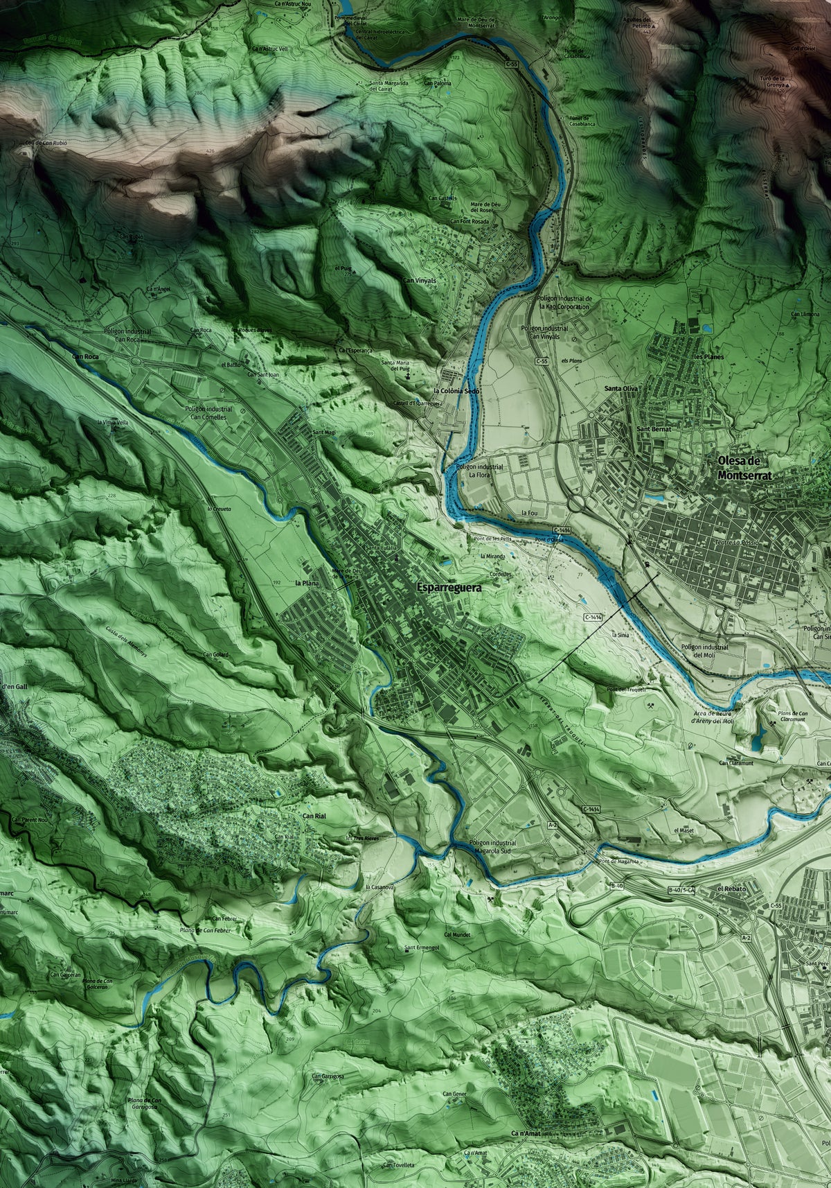 Mapa artístico del relieve de Esparreguera, al Baix Llobregat, con 15 km de entorno y base topográfica ICGC. Detalle de la zona central.