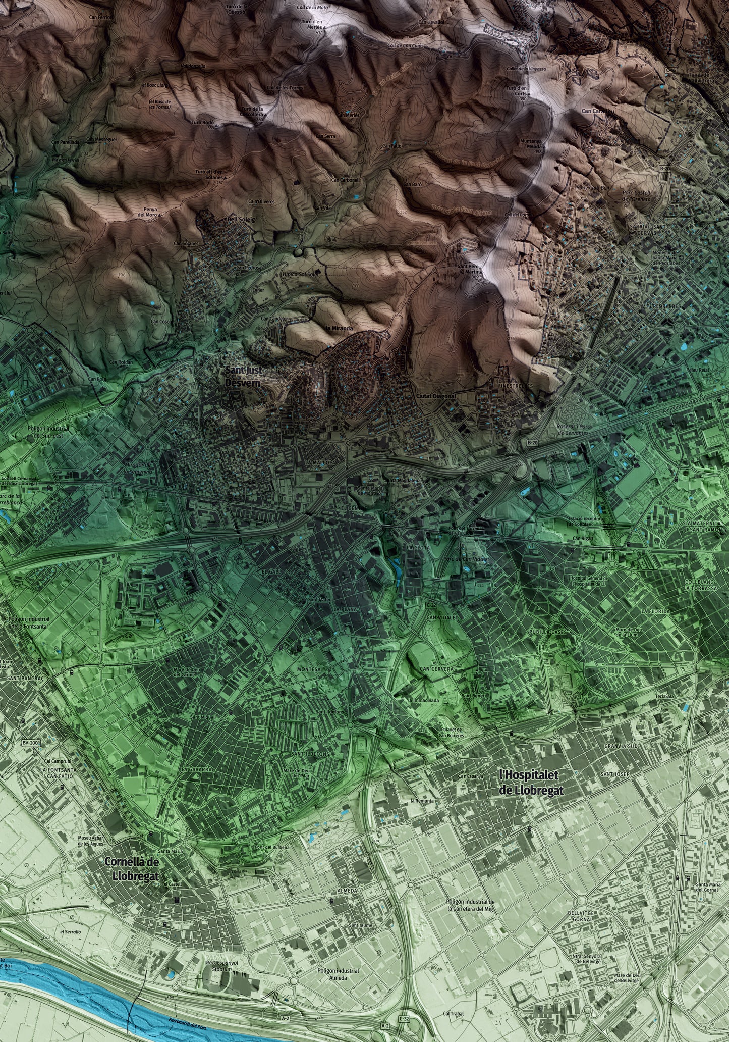 Mapa artístico del relieve de Esplugues de Llobregat, al Baix Llobregat, con 15 km de entorno y base topográfica ICGC. Detalle de la zona central.