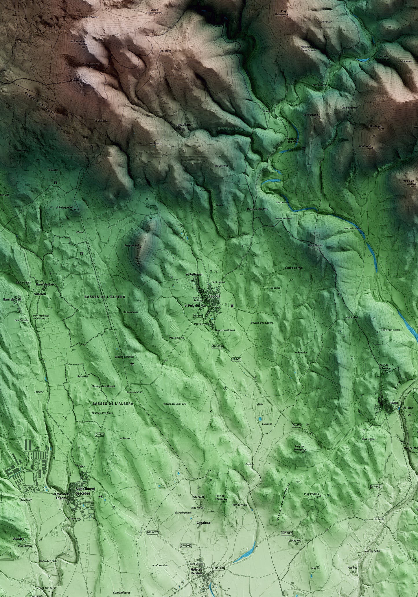 Mapa artístico del relieve de Espolla, al Alt Empordà, con 15 km de entorno y base topográfica ICGC. Detalle de la zona central.