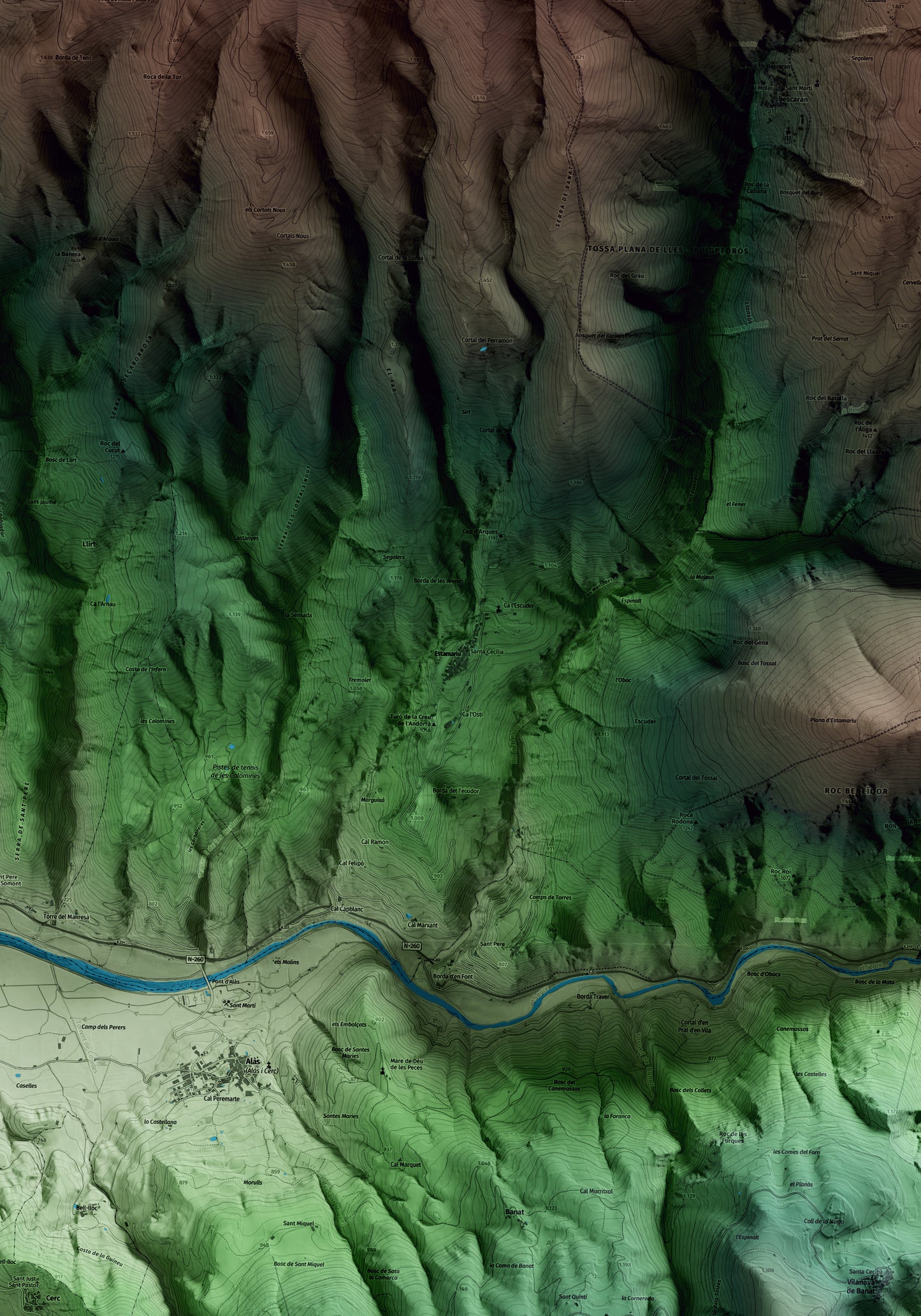 Mapa artístico del relieve de Estamariu, al Alt Urgell, con 15 km de entorno y base topográfica ICGC. Detalle de la zona central.