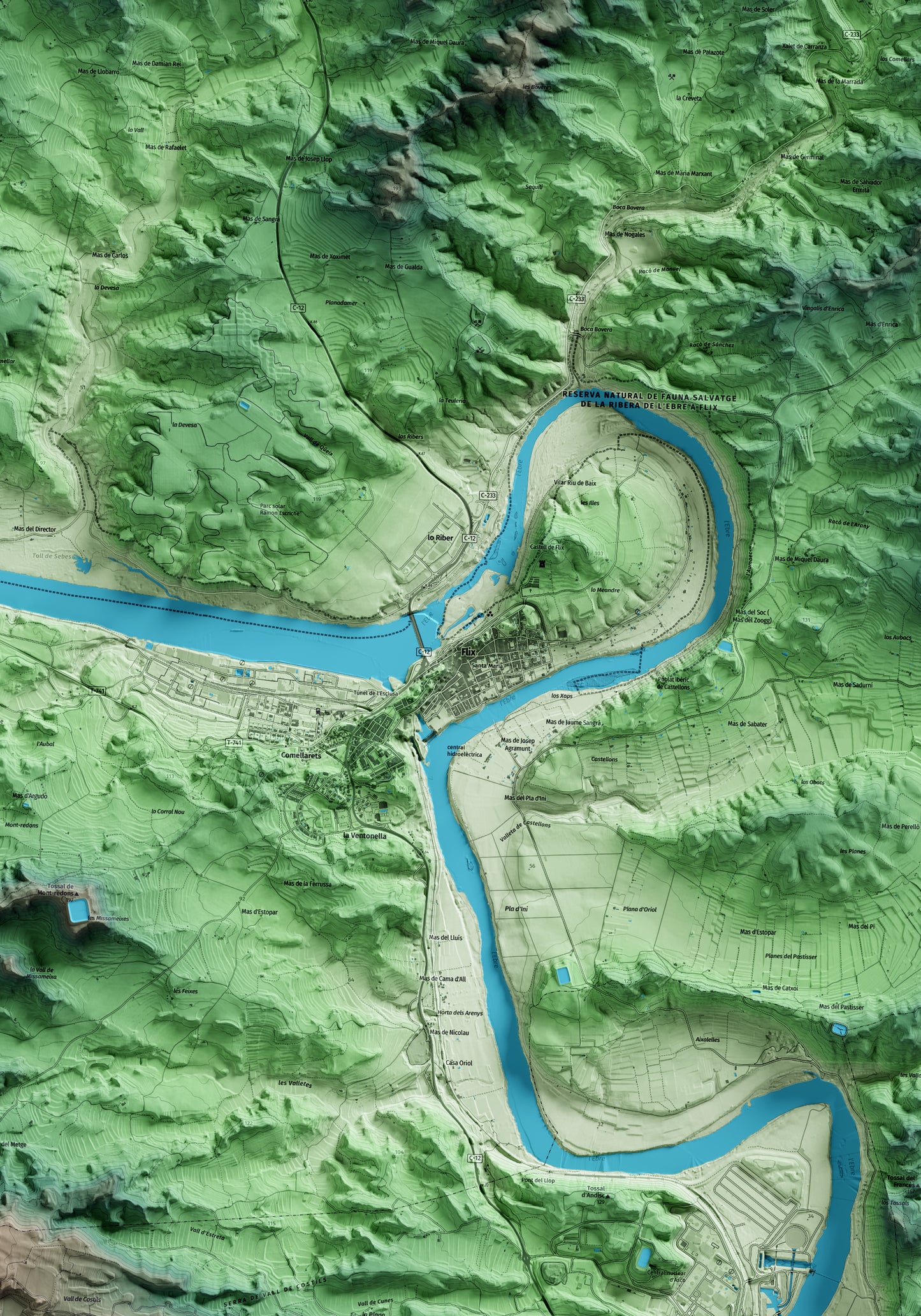 Mapa artístico del relieve de Flix, a la Ribera de Ebro, con 15 km de entorno y base topográfica ICGC. Detalle de la zona central.