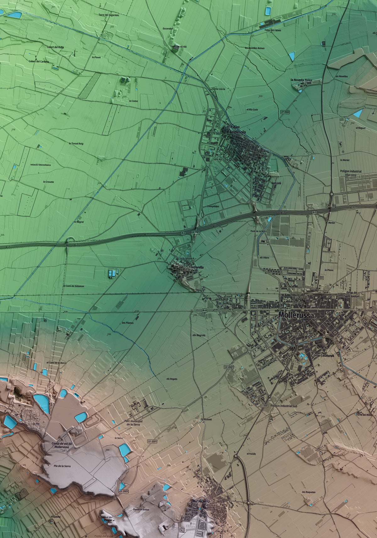 Mapa artístico del relieve de Fondarella, en el Pla d'Urgell, con 15 km de entorno y base topográfica ICGC. Detalle de la zona central.