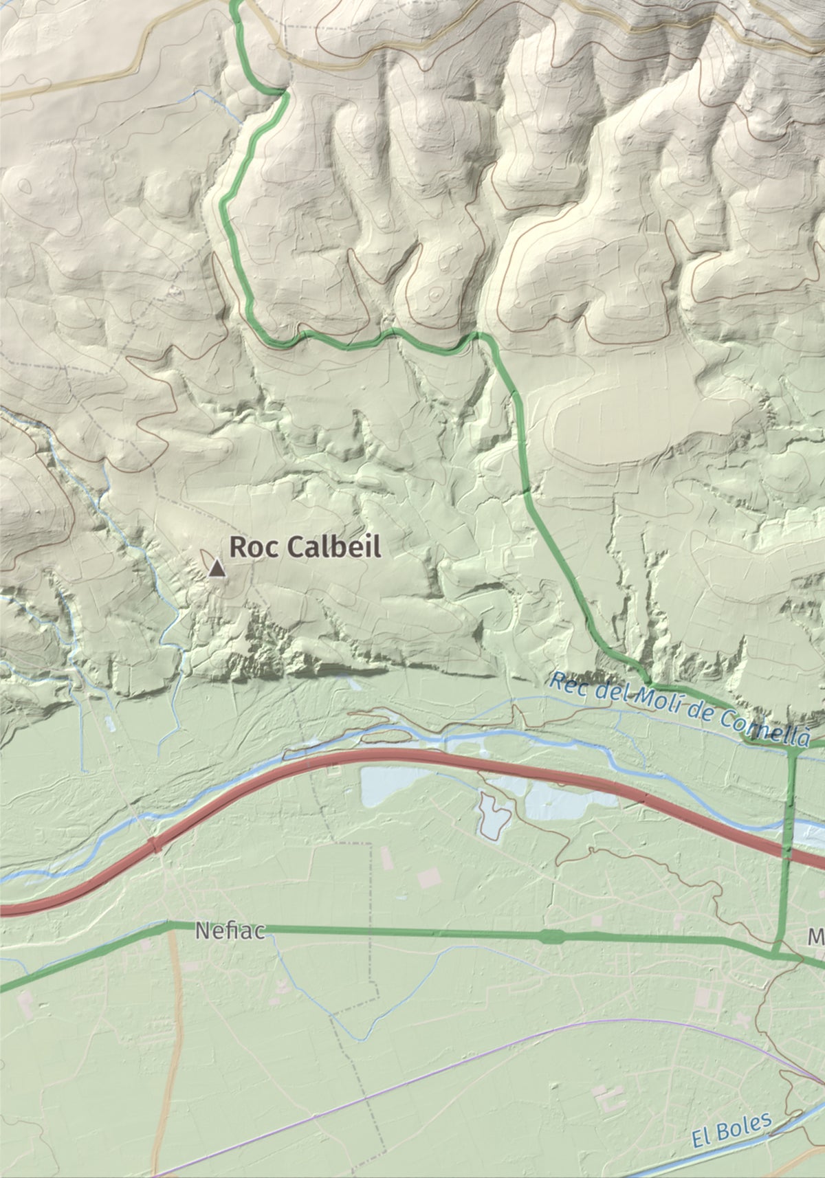 Mapa de relieve de Força Real, 507 m, Rosselló, lámina 100 Cims de Trobart. Detalle de la zona inferior izquierda. 21 × 30 cm.