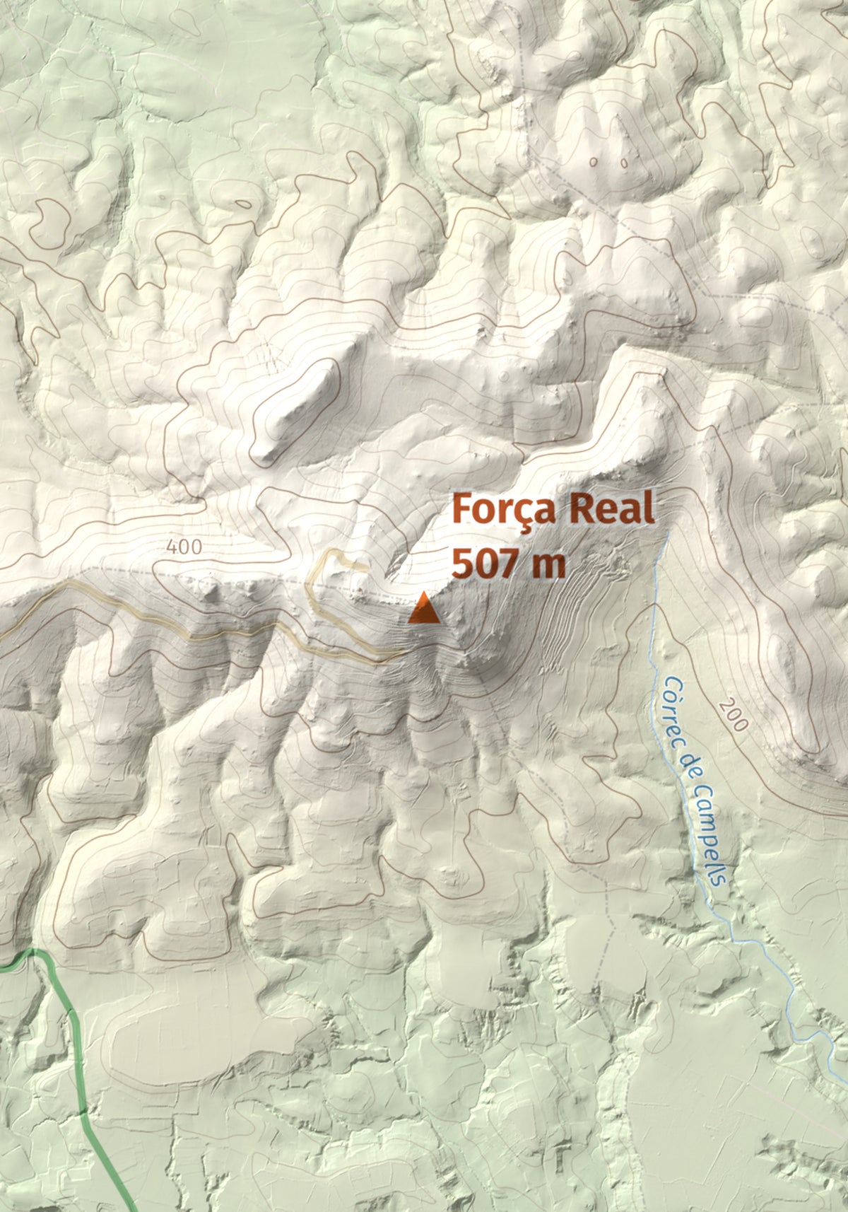 Mapa de relieve de Força Real, 507 m, Rosselló, lámina 100 Cims de Trobart. Detalle de la zona central. 21 × 30 cm.