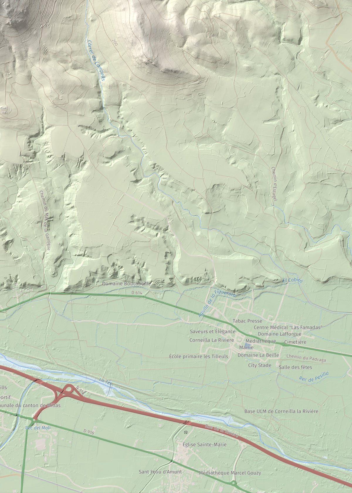 Mapa de relieve de Força Real, 507 m, Rosselló, lámina 100 Cims de Trobart. Detalle de la zona inferior derecha. 50 × 70 cm.