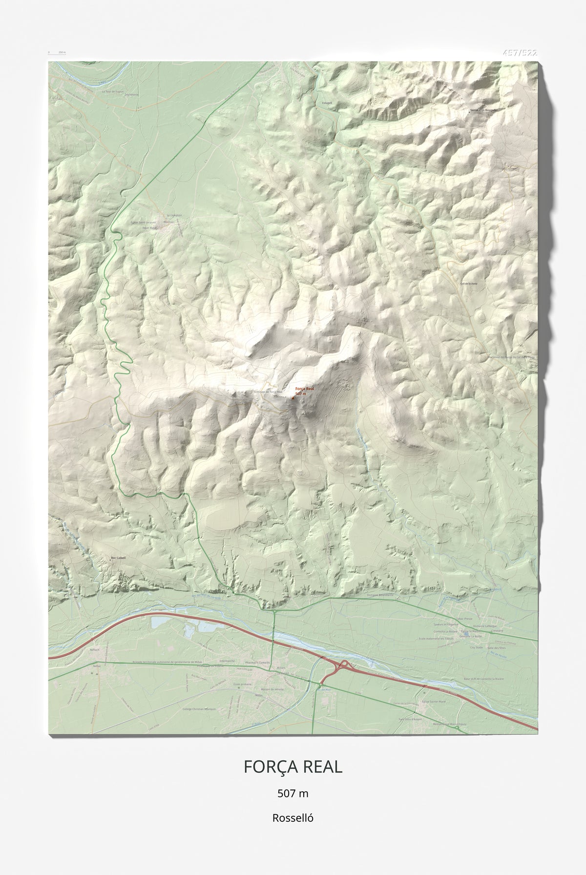 Mapa de relieve de Força Real, 507 m, Rosselló, lámina 100 Cims de Trobart 61 × 91 cm.