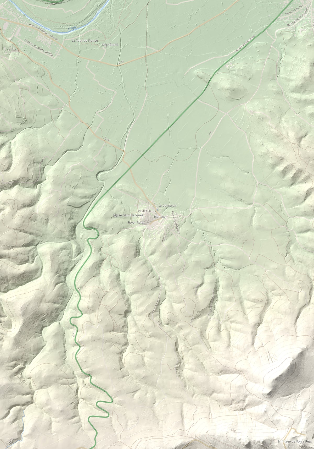 Mapa de relieve de Força Real, 507 m, Rosselló, lámina 100 Cims de Trobart. Detalle de la zona superior izquierda. 70 × 100 cm.
