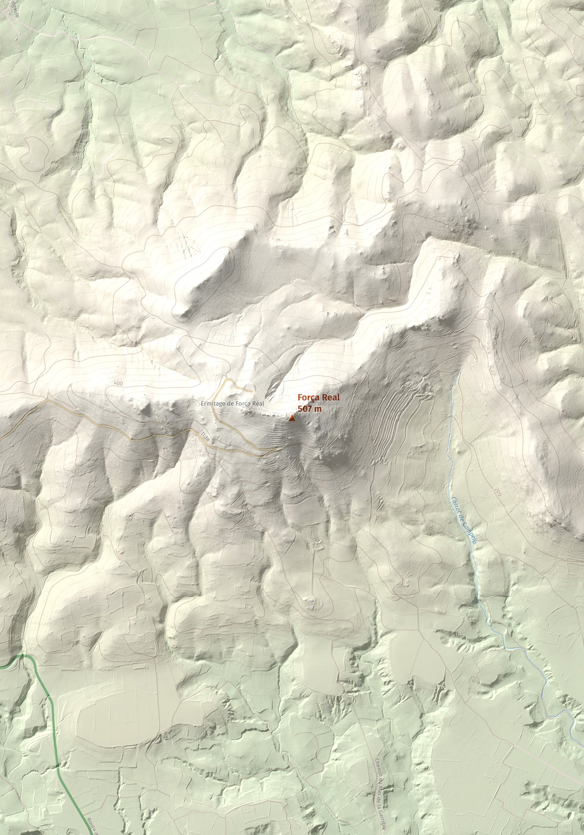 Mapa de relieve de Força Real, 507 m, Rosselló, lámina 100 Cims de Trobart. Detalle de la zona central. 70 × 100 cm.