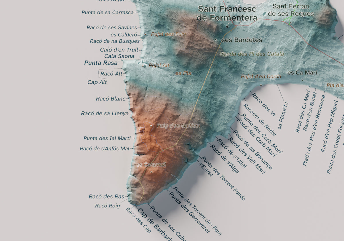 Edición octubre 2026 · Mapa topográfico de Formentera, Contrastado, 21 × 30 cm: detalle de la costa suroeste.