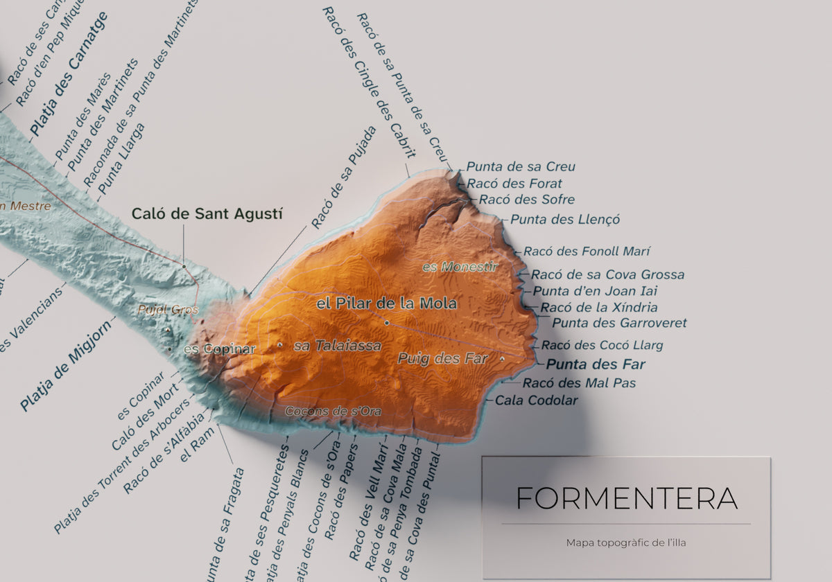 Edición octubre 2026 · Mapa topográfico de Formentera, Contrastado, 21 × 30 cm: detalle de la costa sureste.