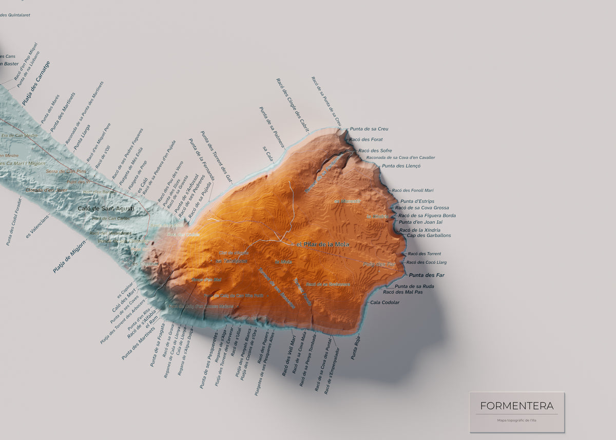 Edición octubre 2026 · Mapa topográfico de Formentera, Contrastado, 50 × 70 cm: detalle de la costa sureste.