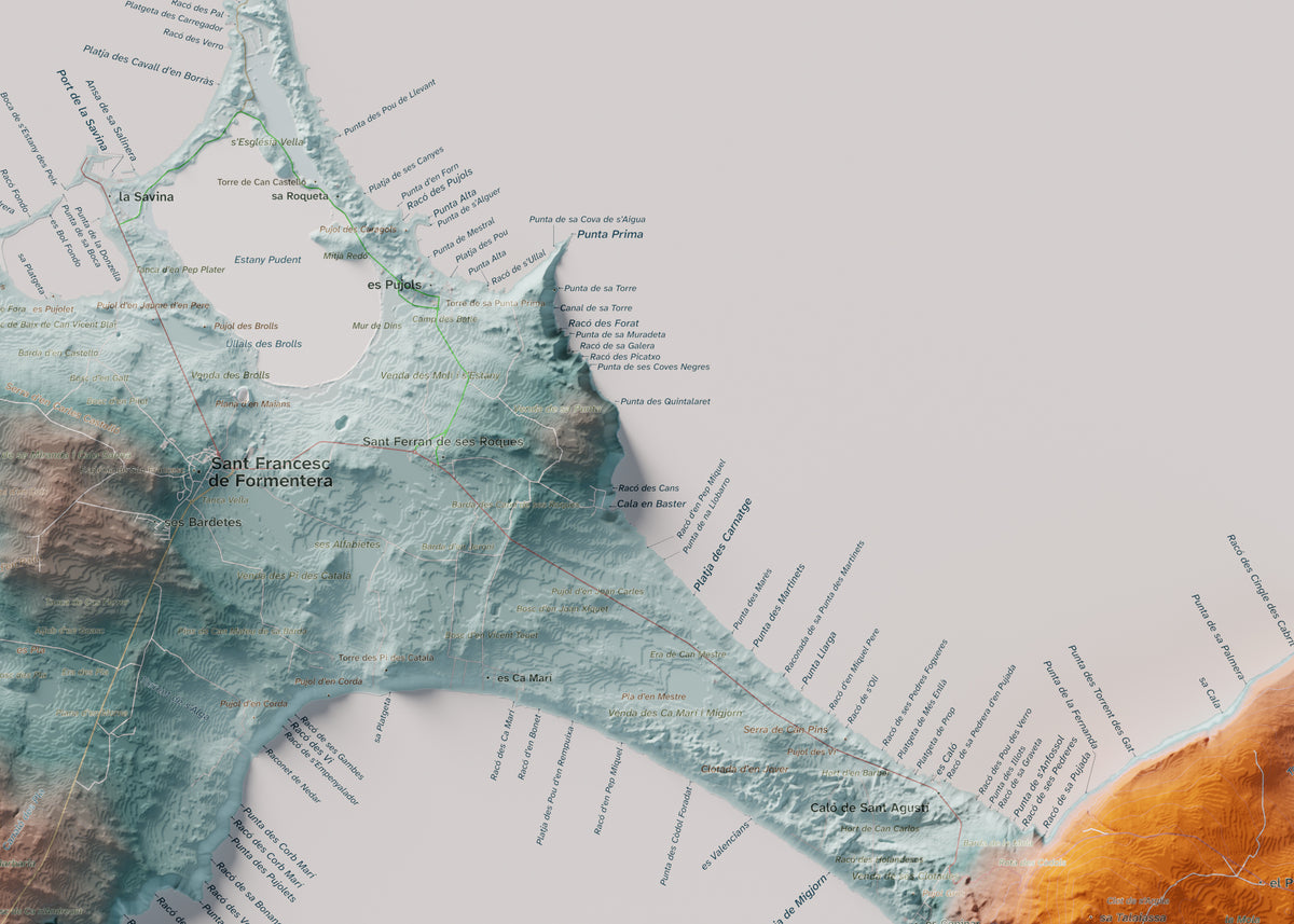 Edición octubre 2026 · Mapa topográfico de Formentera, Contrastado, 50 × 70 cm: detalle central.