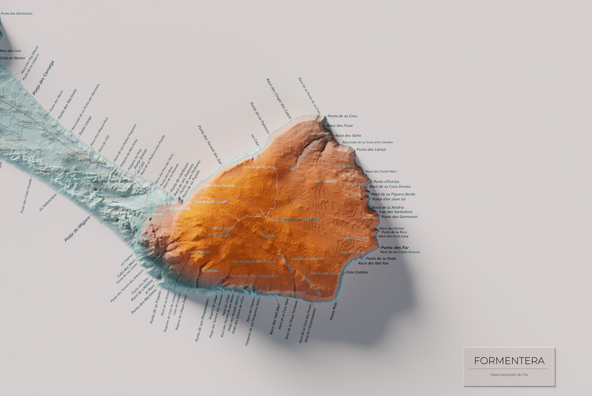 Edición octubre 2026 · Mapa topográfico de Formentera, Contrastado, 61 × 91 cm: detalle de la costa sureste.