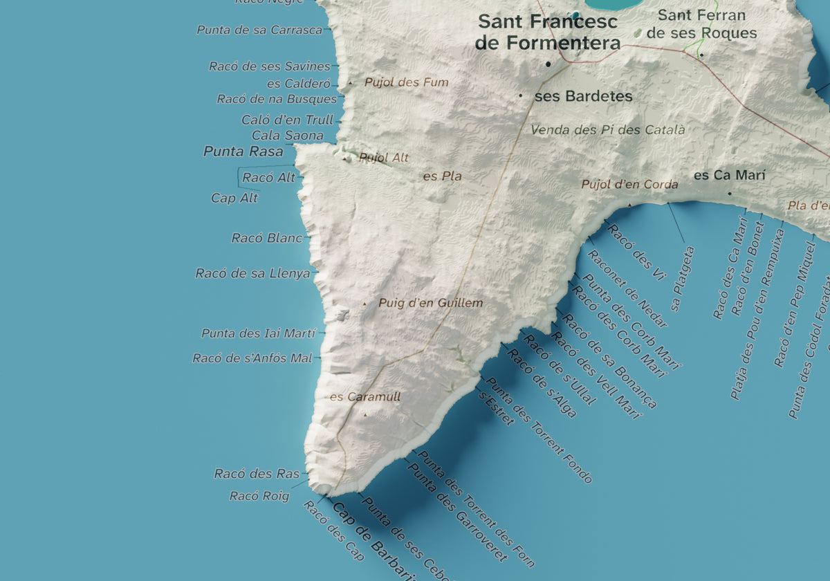 Edición octubre 2026 · Mapa topográfico de Formentera, Cartográfico, 21 × 30 cm: detalle de la costa suroeste.