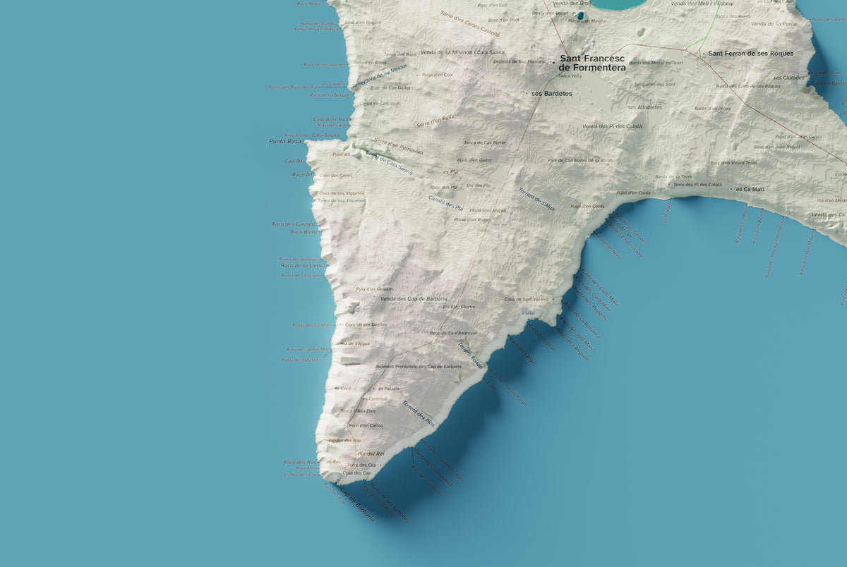 Edición octubre 2026 · Mapa topográfico de Formentera, Cartográfico, 61 × 91 cm: detalle de la costa suroeste.