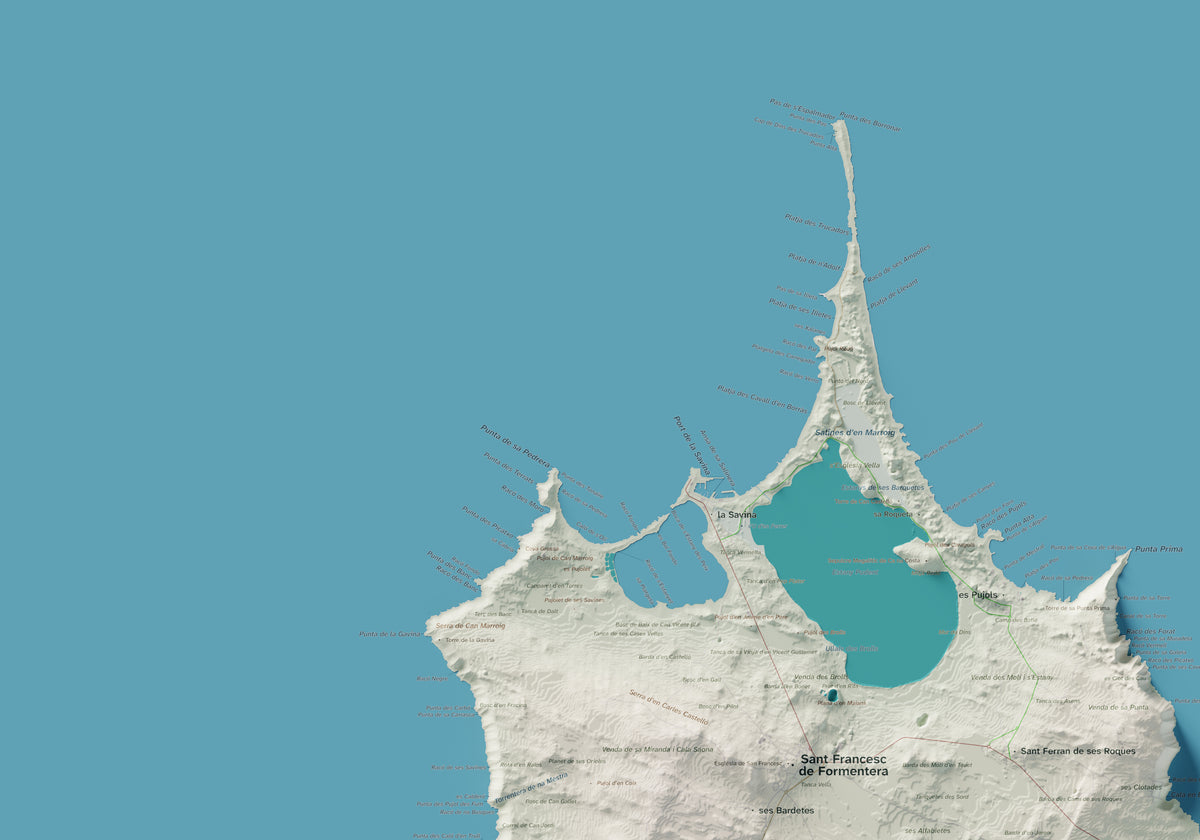 Edición octubre 2026 · Mapa topográfico de Formentera, Cartográfico, 70 × 100 cm: detalle de la costa noroeste.