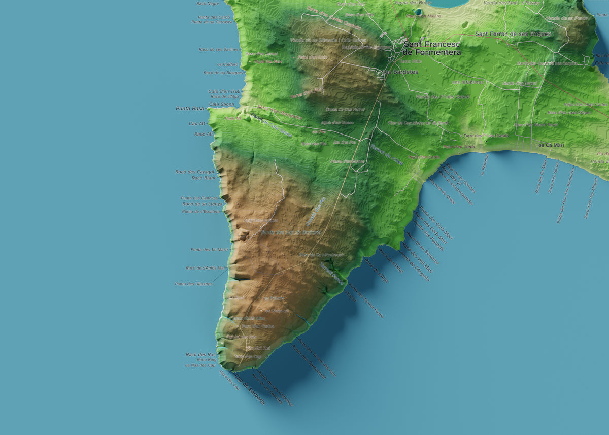 Edición octubre 2026 · Mapa topográfico de Formentera, Clásico, 50 × 70 cm: detalle de la costa suroeste.