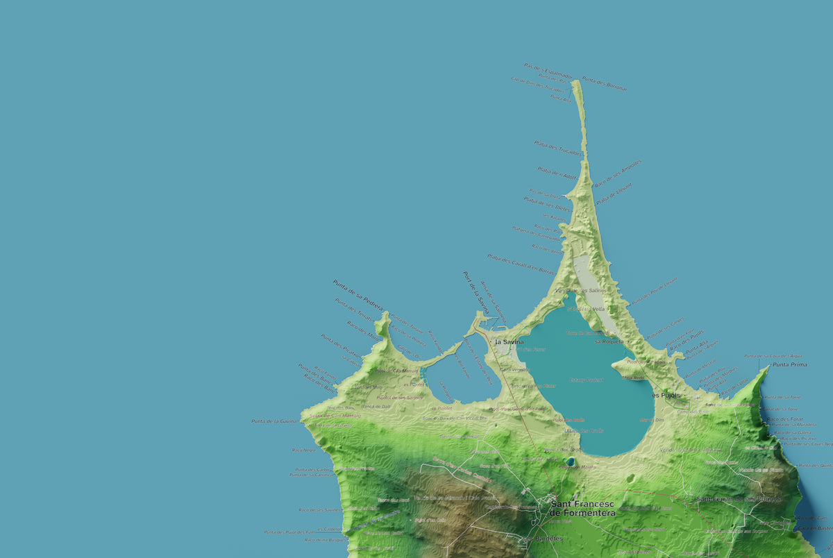 Edición octubre 2026 · Mapa topográfico de Formentera, Clásico, 61 × 91 cm: detalle de la costa noroeste.