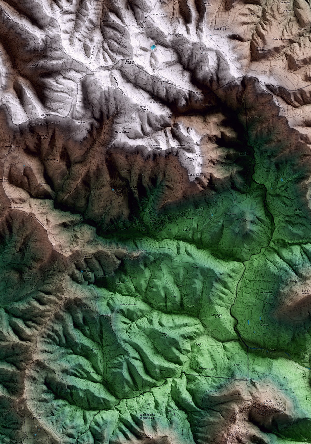 Mapa artístico del relieve de Gallifa, al Vallès Occidental, con 15 km de entorno y base topográfica ICGC. Detalle de la zona central.