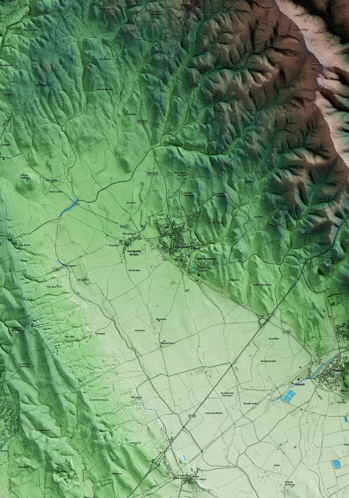 Mapa artístico del relieve de Garriguella, al Alt Empordà, con 15 km de entorno y base topográfica ICGC. Detalle de la zona central.