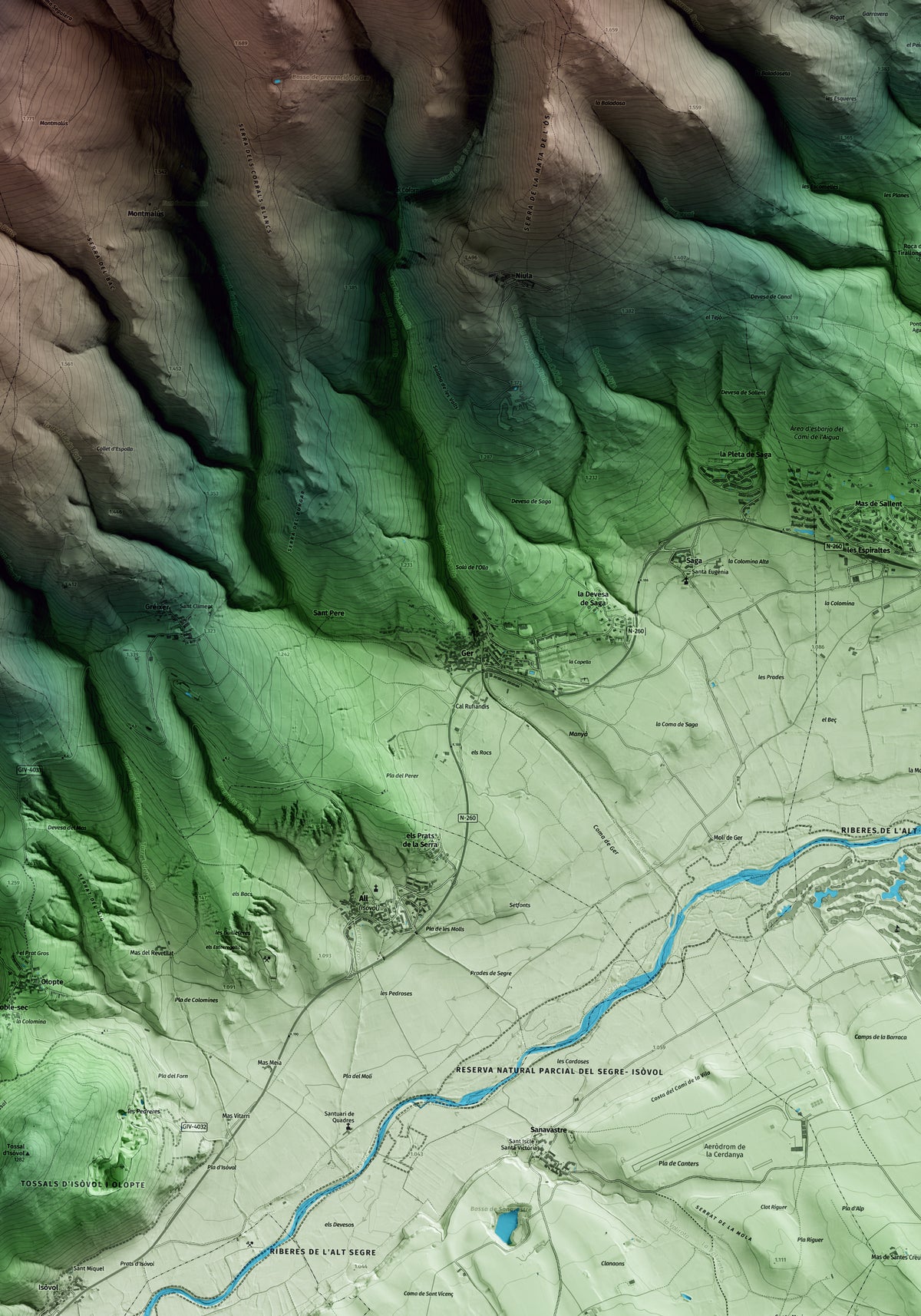 Mapa artístico del relieve de Ger, a la Cerdanya, con 15 km de entorno y base topográfica ICGC. Detalle de la zona central.