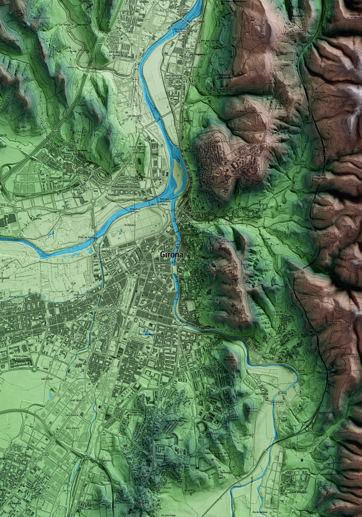 Mapa artístico del relieve de Girona, al Gironès, con 15 km de entorno y base topográfica ICGC. Detalle de la zona central.