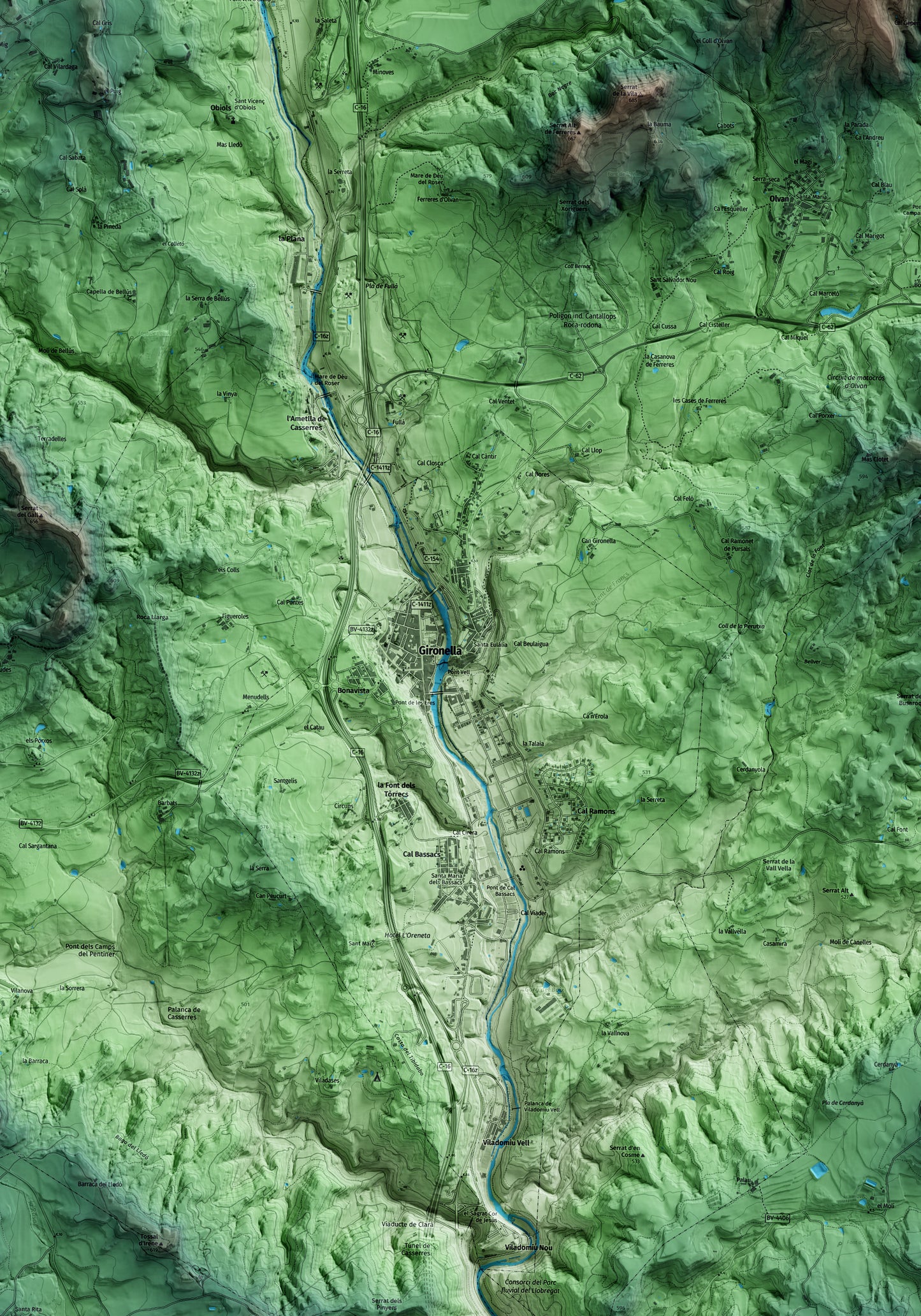 Mapa artístico del relieve de Gironella, al Berguedà, con 15 km de entorno y base topográfica ICGC. Detalle de la zona central.
