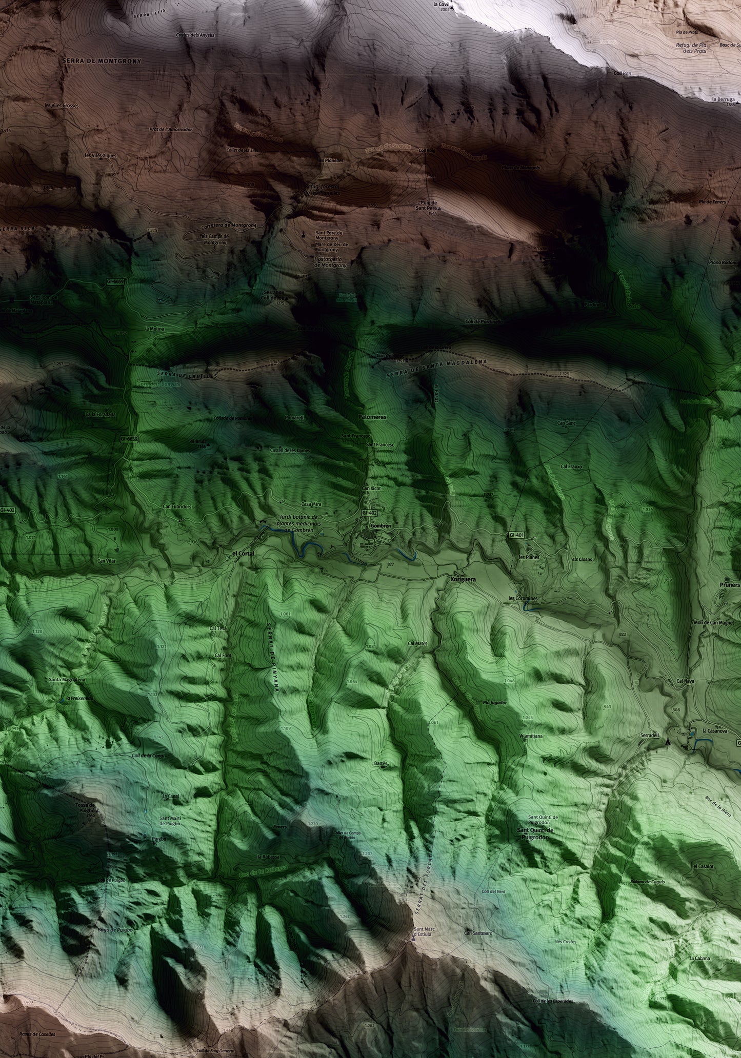 Mapa artístico del relieve de Gombrèn, al Ripollès, con 15 km de entorno y base topográfica ICGC. Detalle de la zona central.