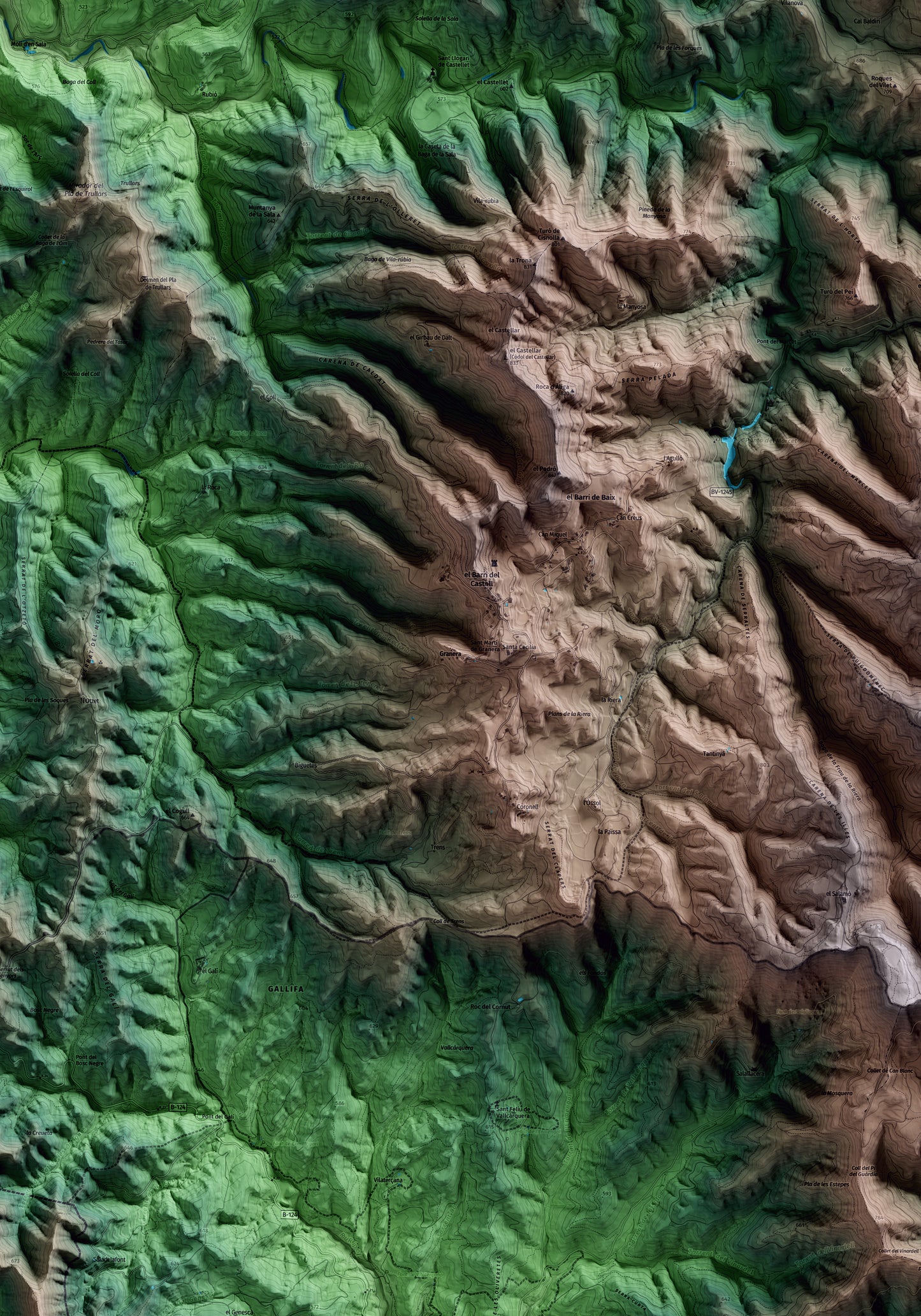 Mapa artístico del relieve de Granera, al Moianès, con 15 km de entorno y base topográfica ICGC. Detalle de la zona central.