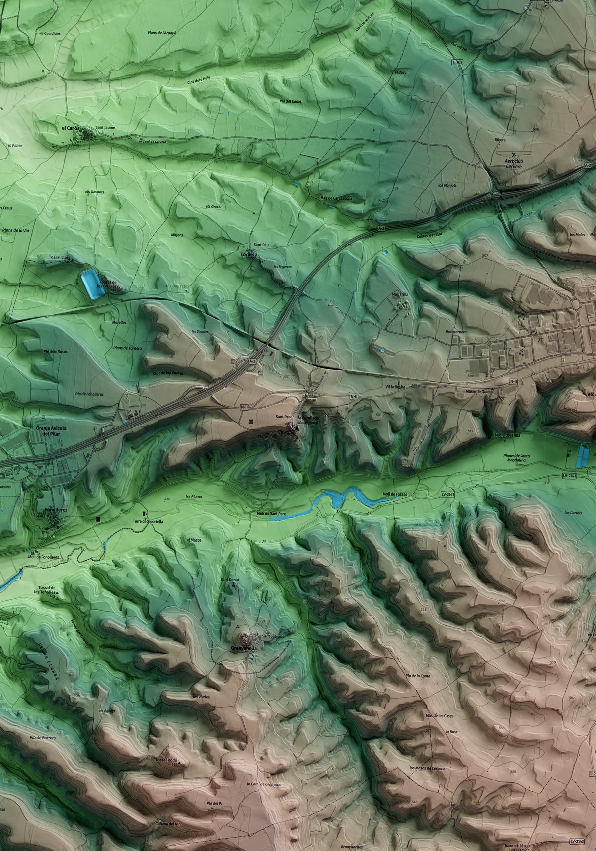 Mapa artístico del relieve de Granyanella, a la Segarra, con 15 km de entorno y base topográfica ICGC. Detalle de la zona central.