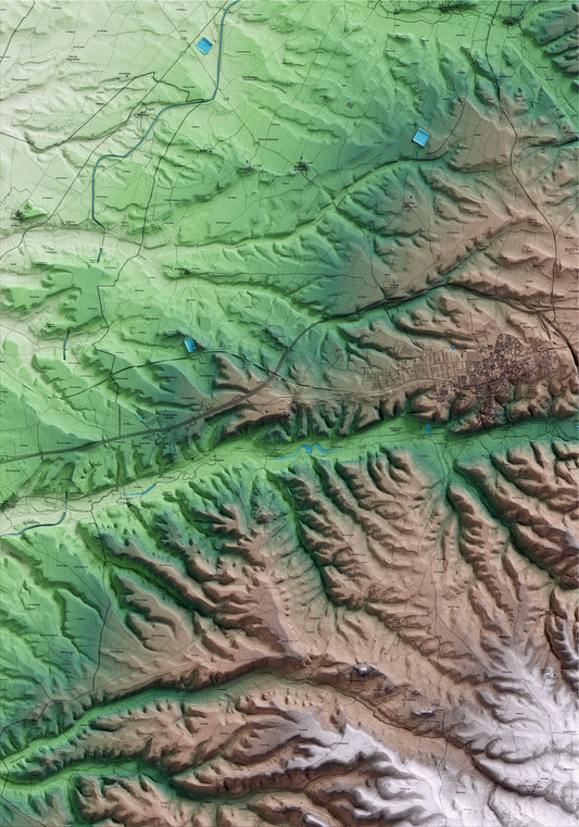 Mapa artístico del relieve de Granyanella, a la Segarra, con 15 km de entorno y base topográfica ICGC