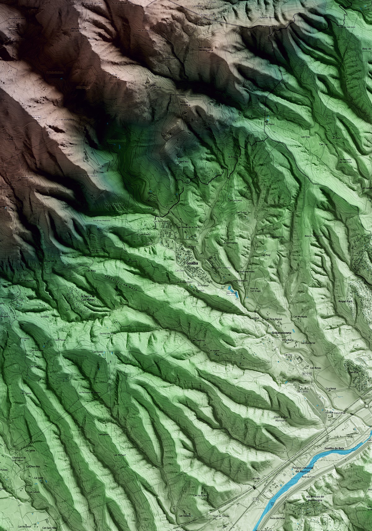 Mapa artístico del relieve de Gualba, al Vallès Oriental, con 15 km de entorno y base topográfica ICGC. Detalle de la zona central.