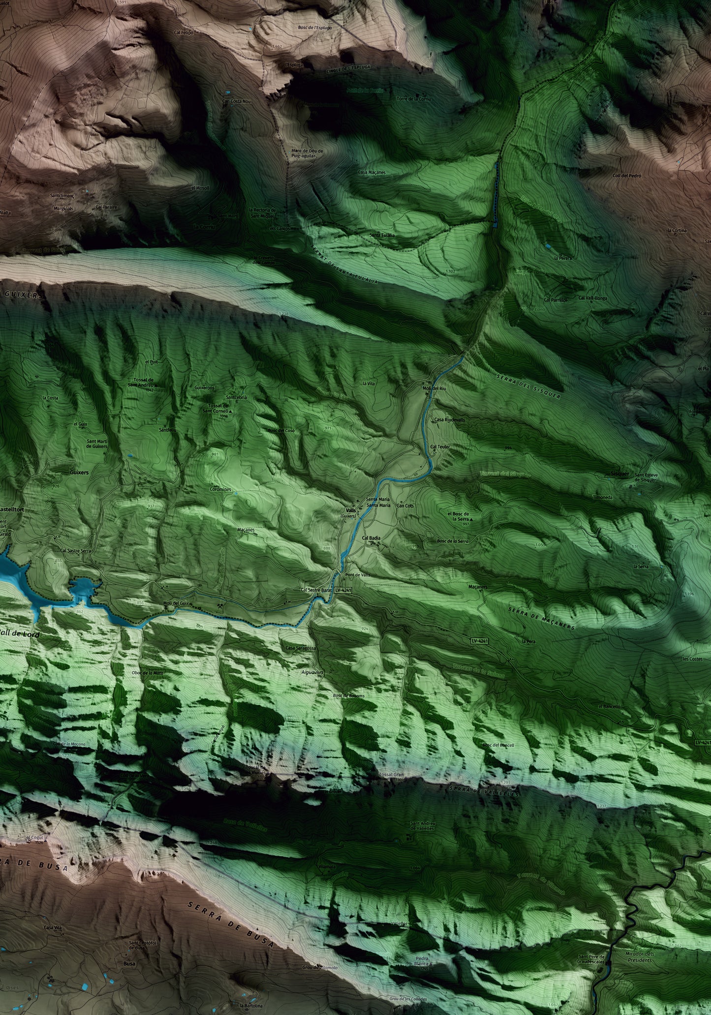 Mapa artístico del relieve de Guixers, al Solsonès, con 15 km de entorno y base topográfica ICGC. Detalle de la zona central.