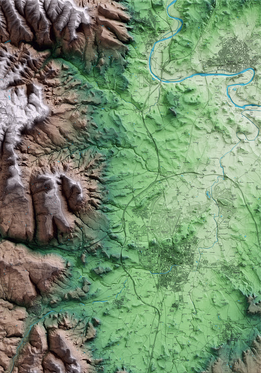 Mapa artístico del relieve de Gurb, a Osona, con 15 km de entorno y base topográfica ICGC