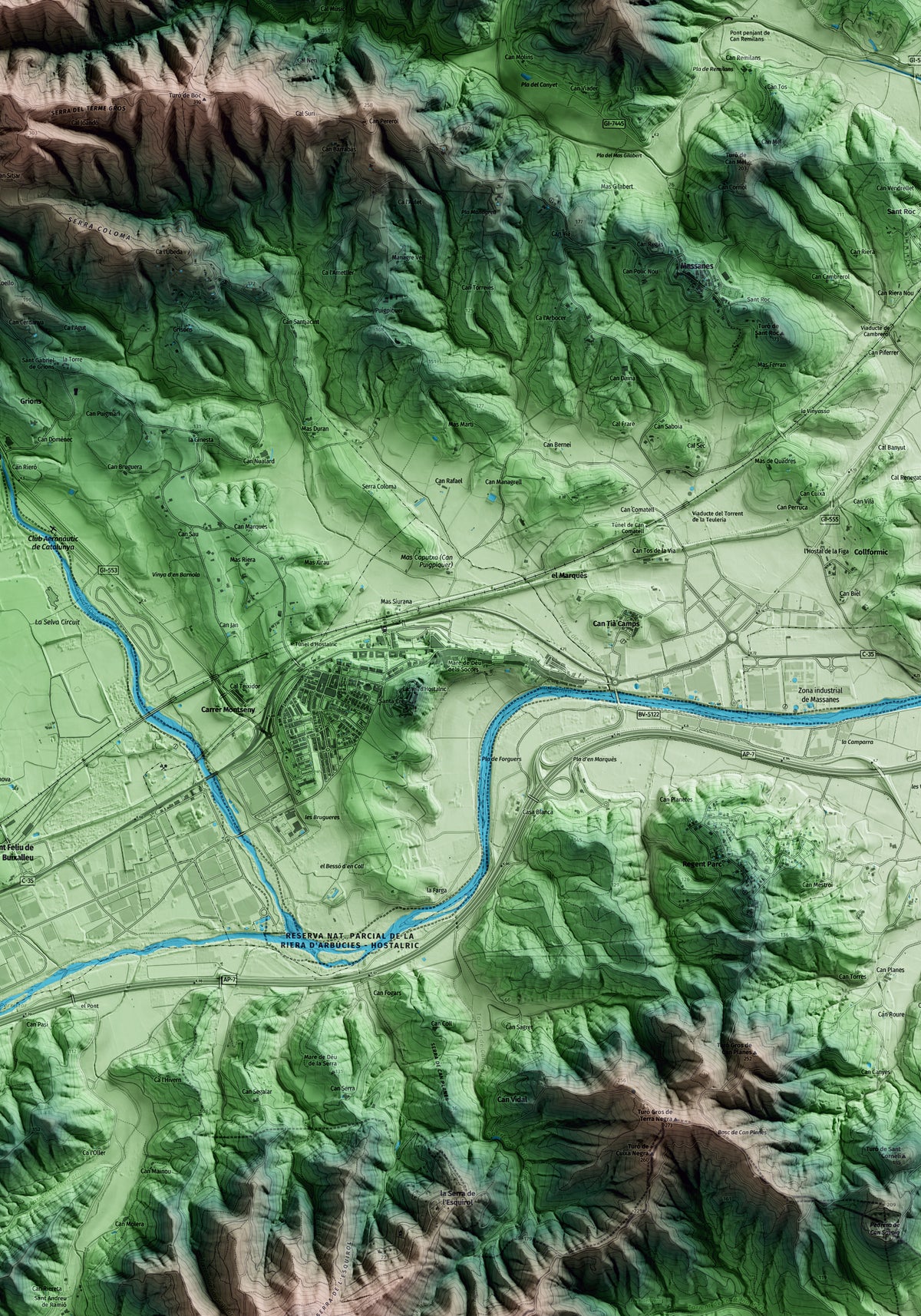 Mapa artístico del relieve de Hostalric, a la Selva, con 15 km de entorno y base topográfica ICGC. Detalle de la zona central.