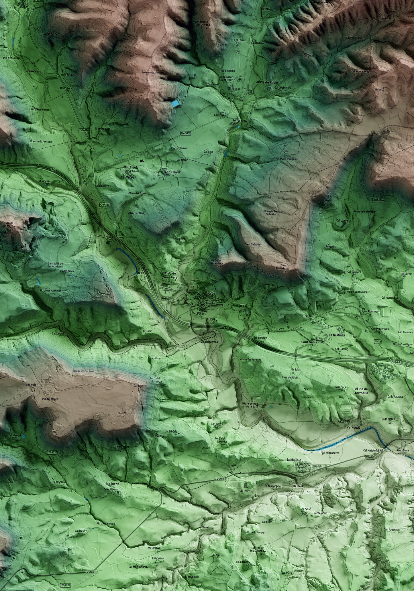 Mapa artístico del relieve de Jorba, al Anoia, con 15 km de entorno y base topográfica ICGC. Detalle de la zona central.