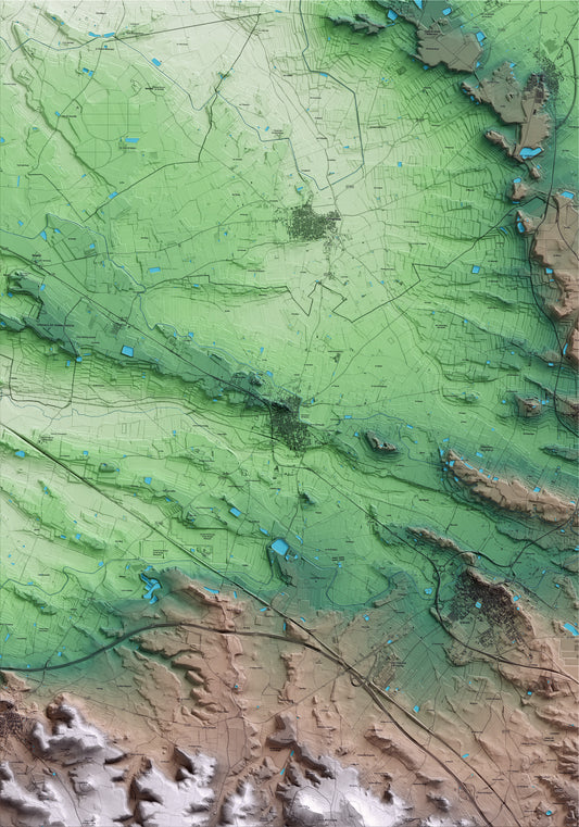 Mapa artístico del relieve de Juneda, a las Garrigues, con 15 km de entorno y base topográfica ICGC