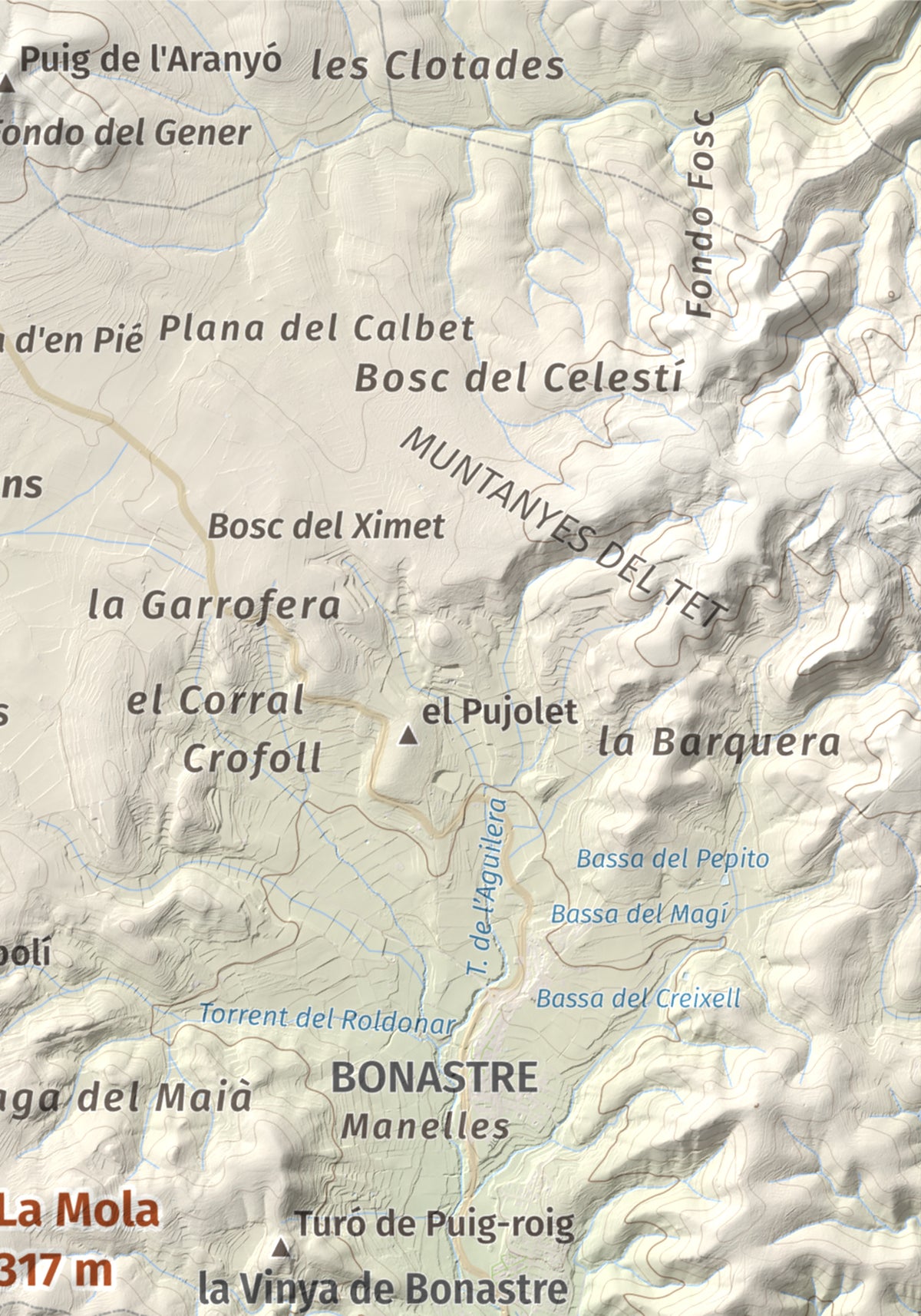 Mapa de relieve de La Mola, 317 m, Baix Penedès · Tarragonès, lámina 100 Cims de Trobart. Detalle de la zona superior derecha. 21 × 30 cm.
