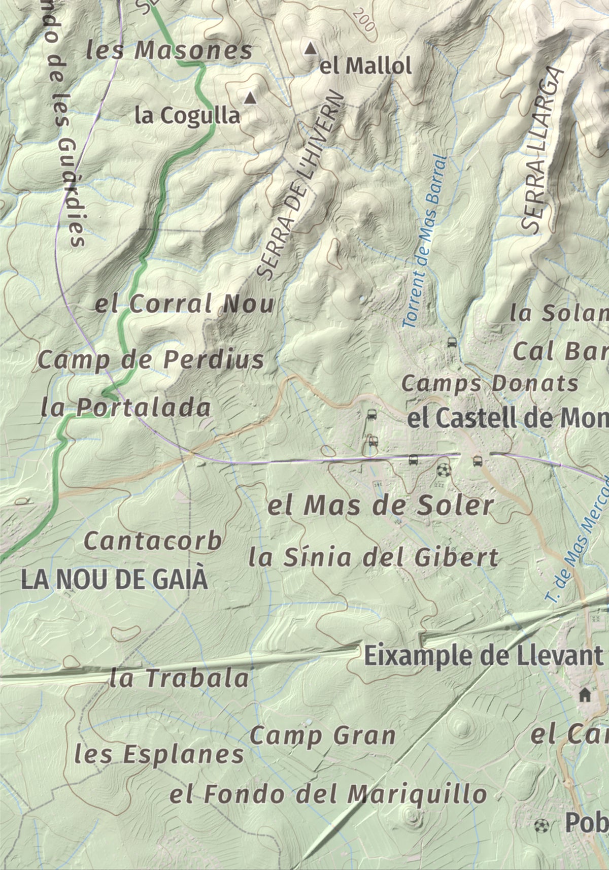 Mapa de relieve de La Mola, 317 m, Baix Penedès · Tarragonès, lámina 100 Cims de Trobart. Detalle de la zona inferior izquierda. 21 × 30 cm.