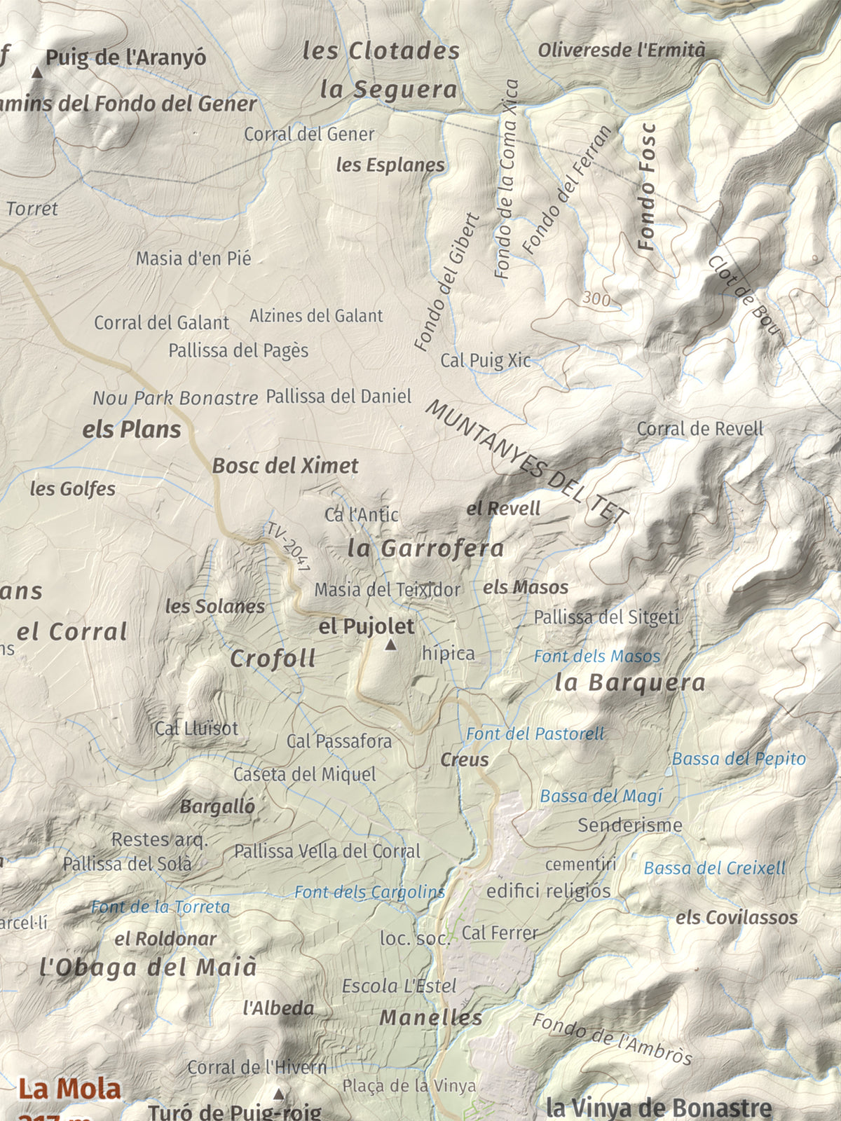 Mapa de relieve de La Mola, 317 m, Baix Penedès · Tarragonès, lámina 100 Cims de Trobart. Detalle de la zona superior derecha. 30 × 40 cm.