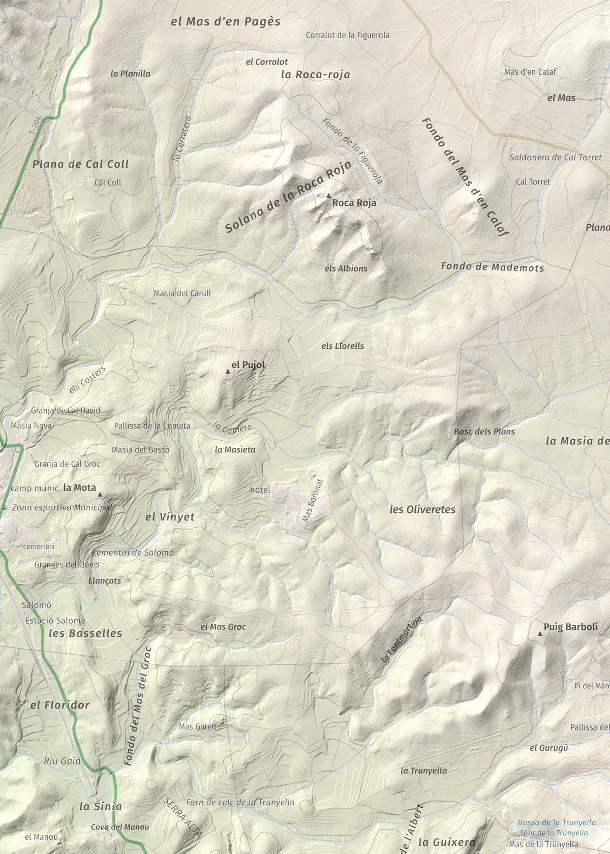Mapa de relieve de La Mola, 317 m, Baix Penedès · Tarragonès, lámina 100 Cims de Trobart. Detalle de la zona superior izquierda. 50 × 70 cm.