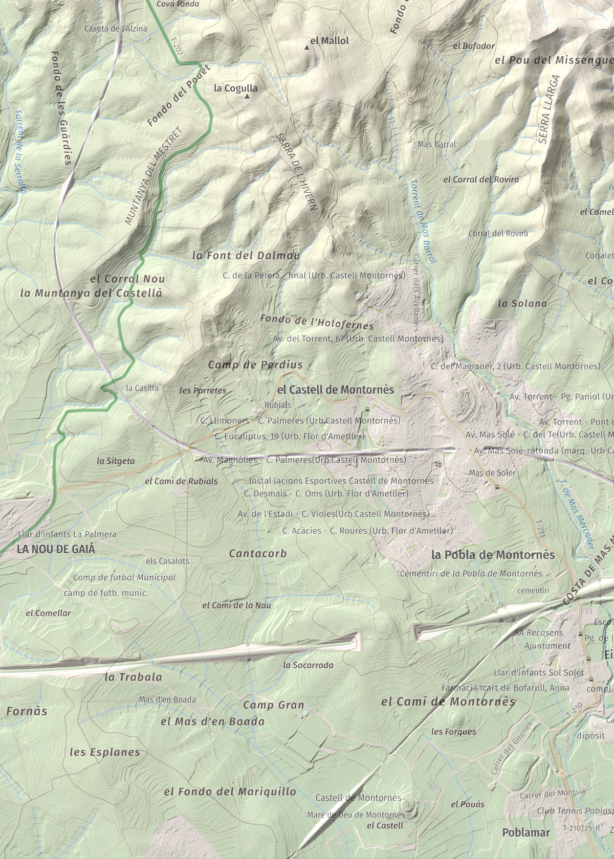 Mapa de relieve de La Mola, 317 m, Baix Penedès · Tarragonès, lámina 100 Cims de Trobart. Detalle de la zona inferior izquierda. 50 × 70 cm.