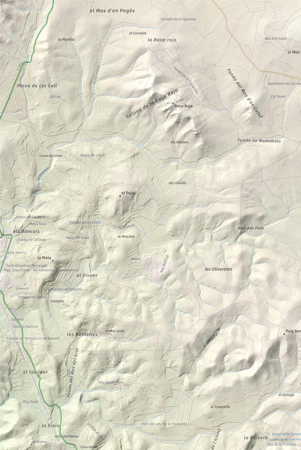 Mapa de relieve de La Mola, 317 m, Baix Penedès · Tarragonès, lámina 100 Cims de Trobart. Detalle de la zona superior izquierda. 61 × 91 cm.