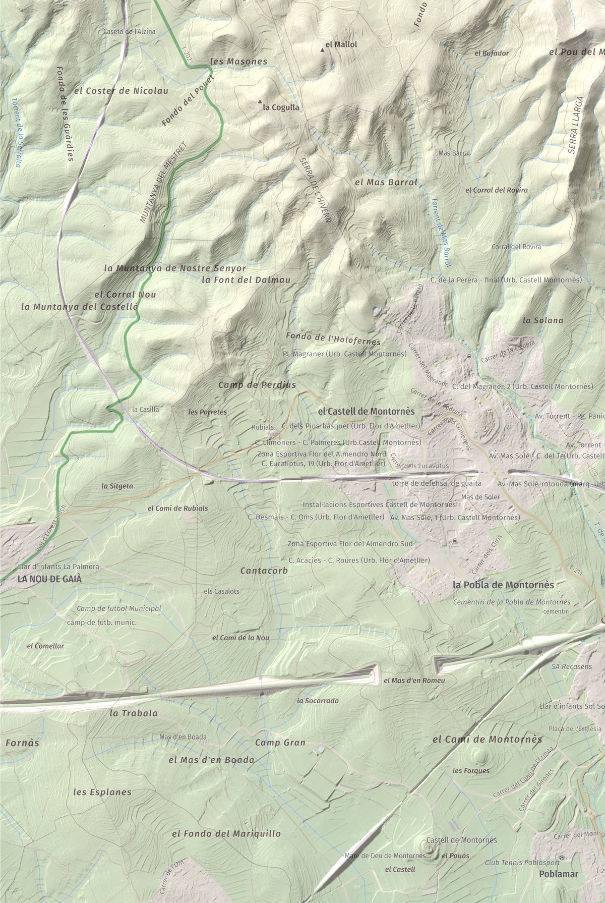 Mapa de relieve de La Mola, 317 m, Baix Penedès · Tarragonès, lámina 100 Cims de Trobart. Detalle de la zona inferior izquierda. 61 × 91 cm.