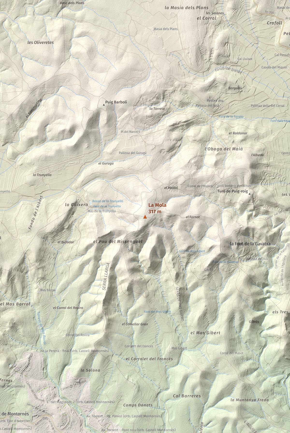 Mapa de relieve de La Mola, 317 m, Baix Penedès · Tarragonès, lámina 100 Cims de Trobart. Detalle de la zona central. 61 × 91 cm.