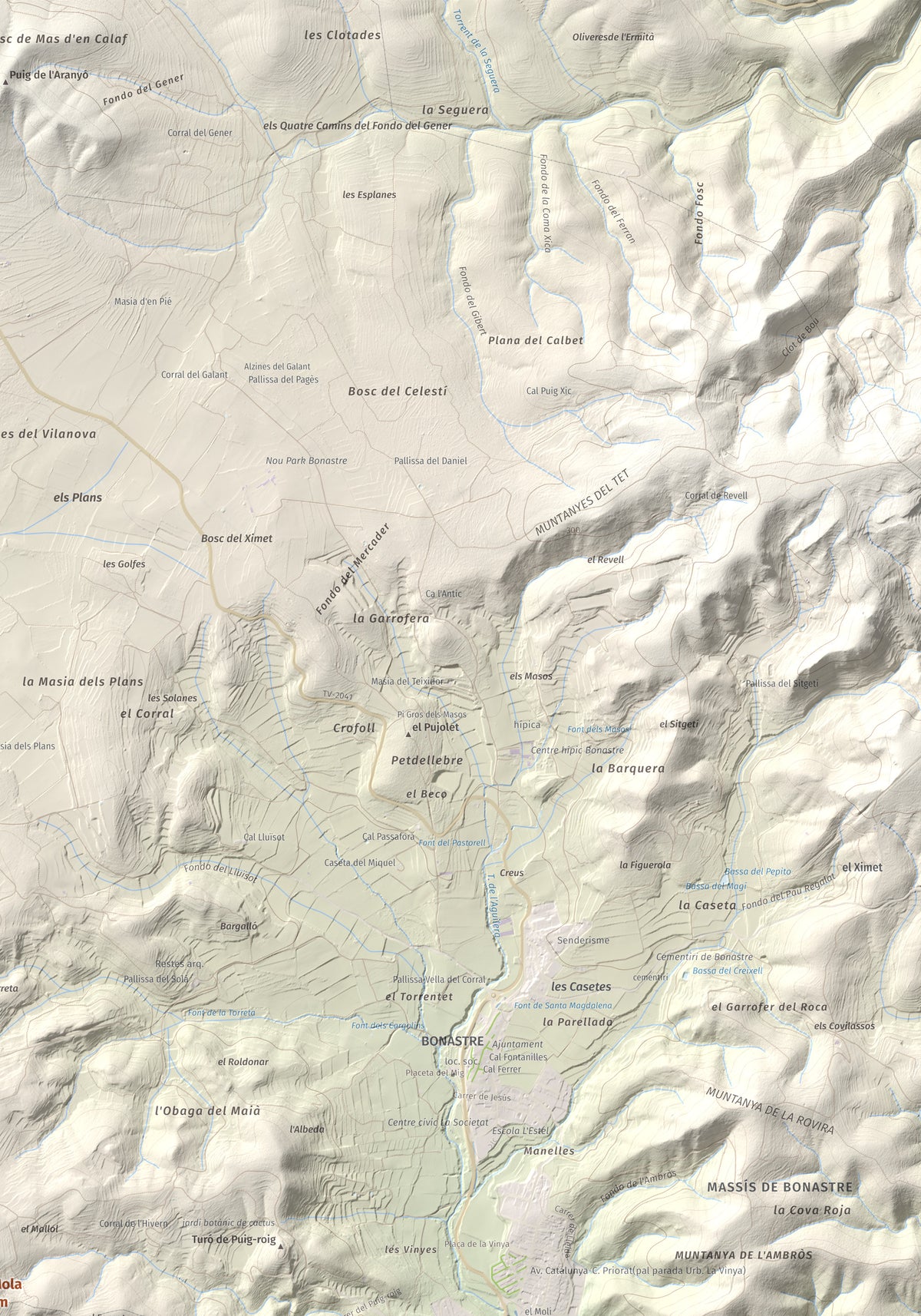 Mapa de relieve de La Mola, 317 m, Baix Penedès · Tarragonès, lámina 100 Cims de Trobart. Detalle de la zona superior derecha. 70 × 100 cm.