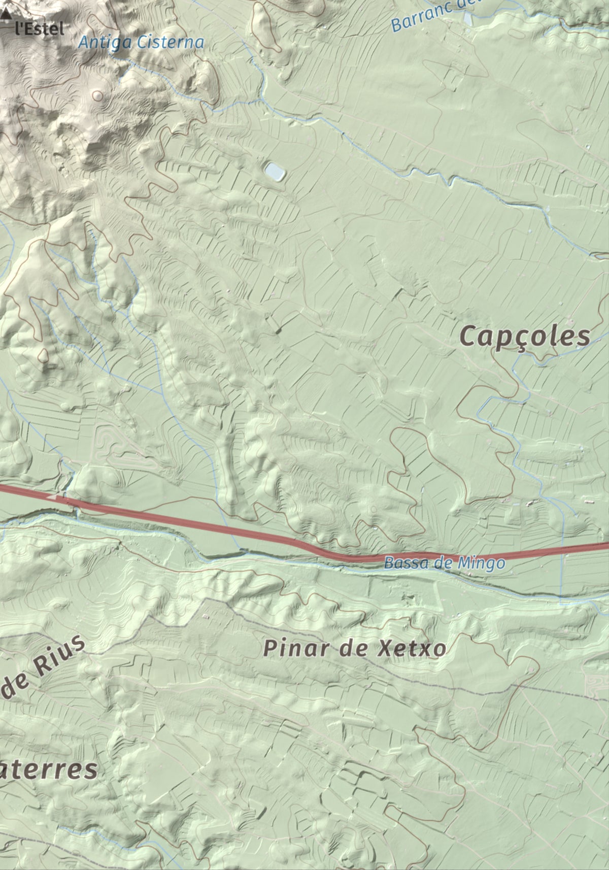 Mapa de relieve de La Picossa, 499 m, Ribera d'Ebre, lámina 100 Cims de Trobart. Detalle de la zona inferior derecha. 21 × 30 cm.
