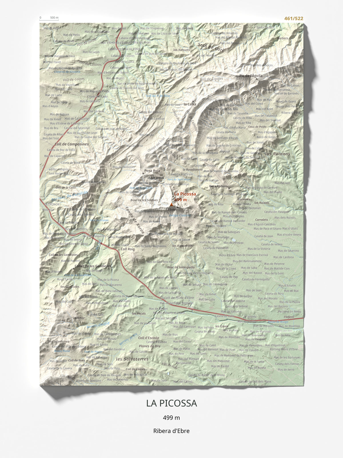 Mapa de relieve de La Picossa, 499 m, Ribera d'Ebre, lámina 100 Cims de Trobart 30 × 40 cm.