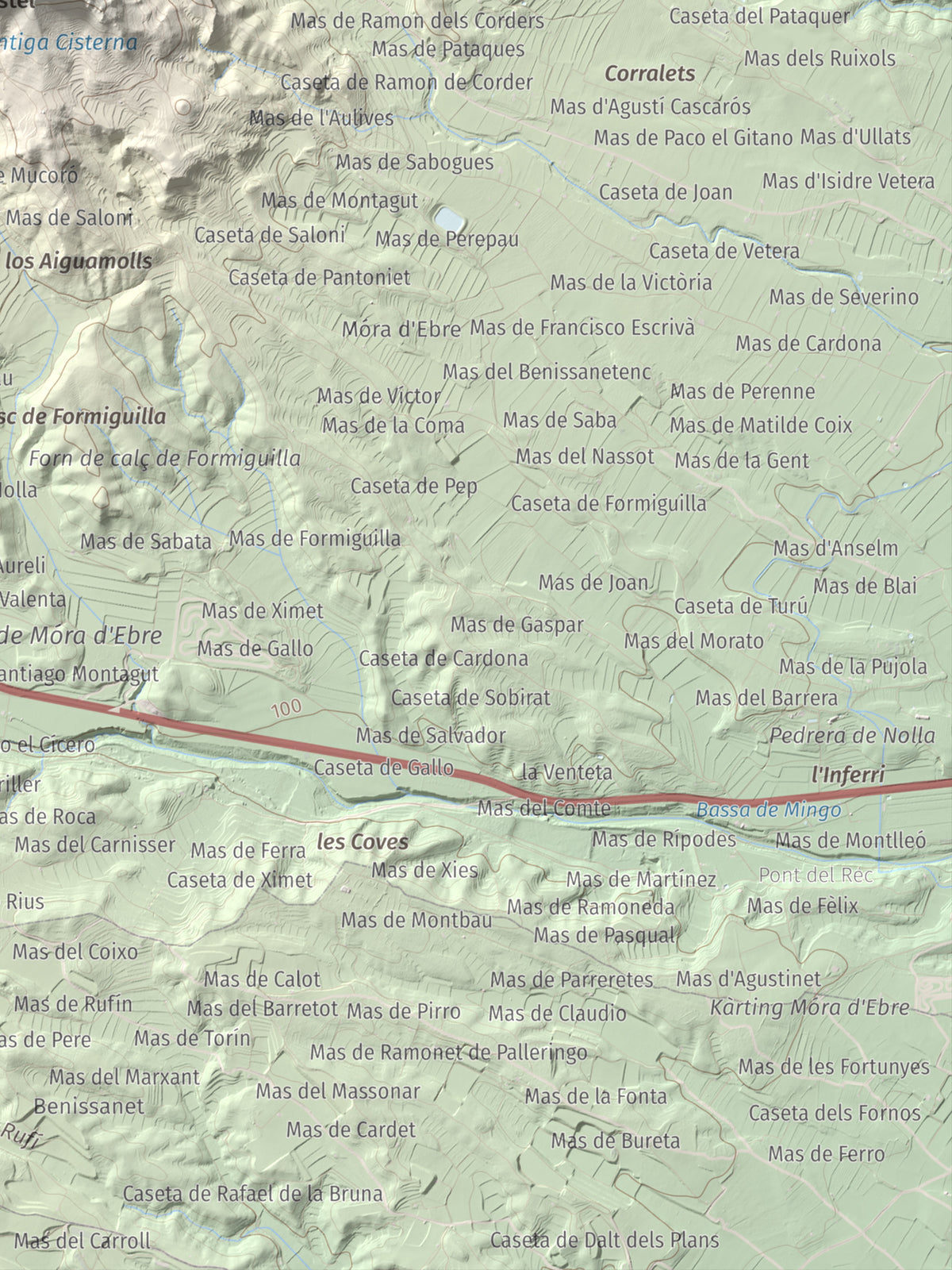 Mapa de relieve de La Picossa, 499 m, Ribera d'Ebre, lámina 100 Cims de Trobart. Detalle de la zona inferior derecha. 30 × 40 cm.